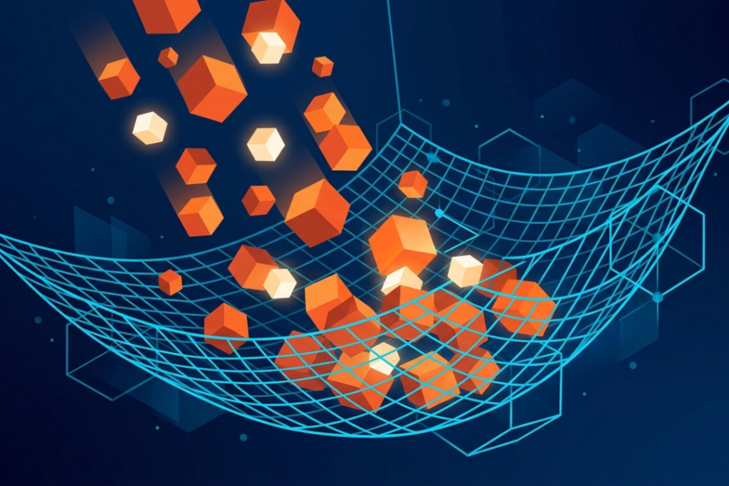 An abstract minimalist illustration of orange data cubes falling into a glowing blue digital safety net, representing data backup and recovery.