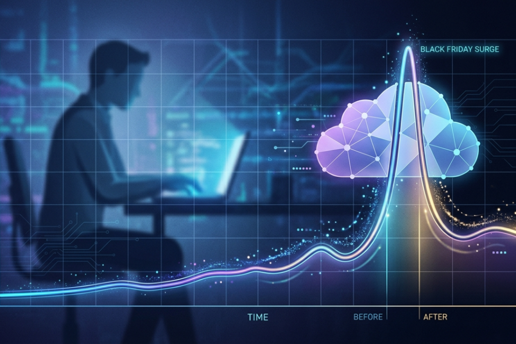 A digital data graph showing a cloud expanding to handle a massive spike in web traffic, symbolizing scalability.