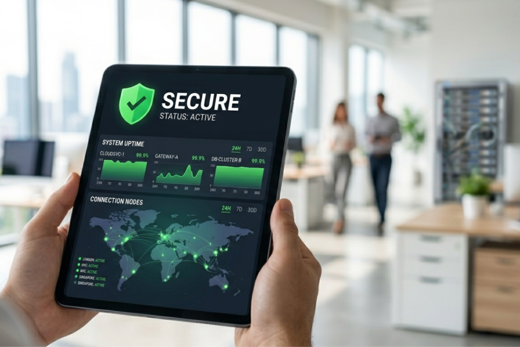 A close-up photograph of a user holding a modern tablet that displays a dark-mode security dashboard. The screen shows three vibrant green graphs with a world map and a green shield 'SECURE' status icon. (A professional product photograph with a soft blurred background)