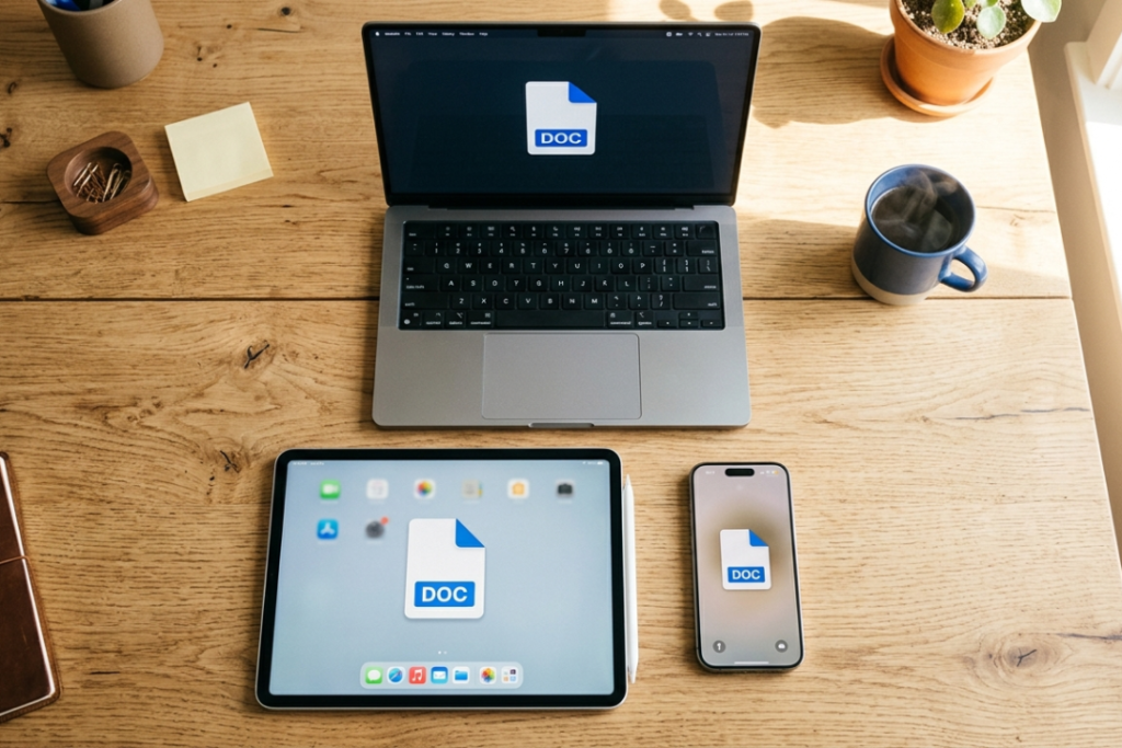 A top-down flat lay photography shot of an iPhone, iPad, and MacBook on a wooden desk showing the same document syncing across all devices.