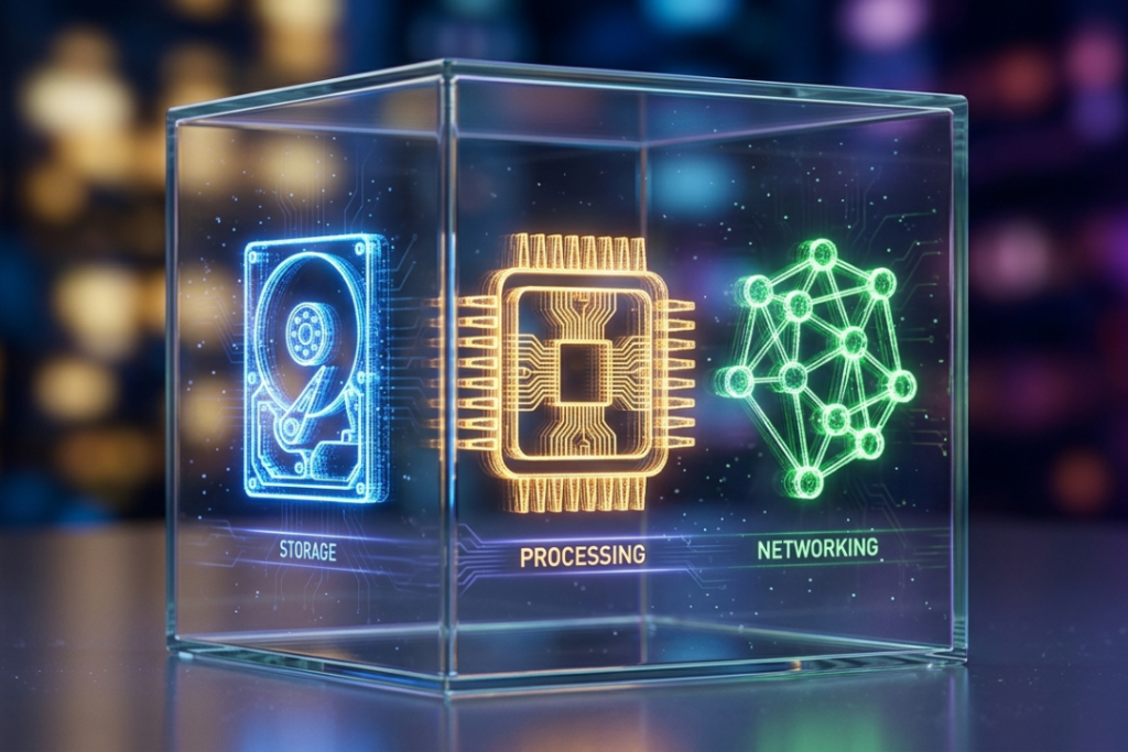 A high-tech visual representation of virtual machines, cloud storage, and networking nodes contained within a transparent box.