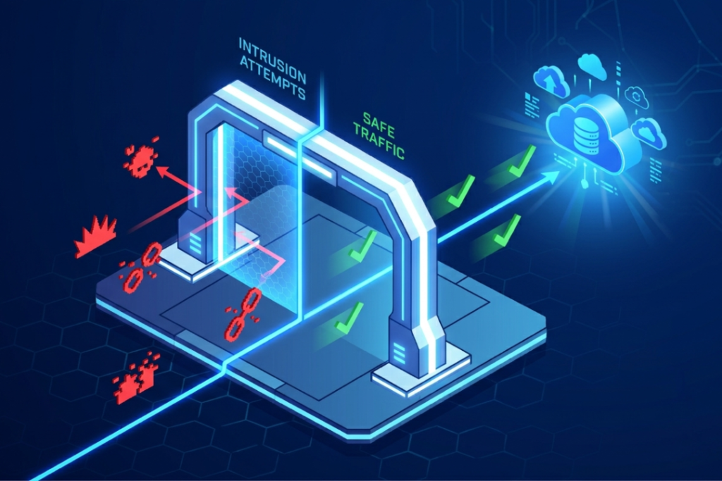 An isometric illustration of a glowing blue futuristic gateway with two clear channels. Red pixelated 'threat' icons are blocked on the left channel by a force field, while green 'safe' checkmark icons pass through the right channel into a cloud data symbol. (A clean vector illustration style)