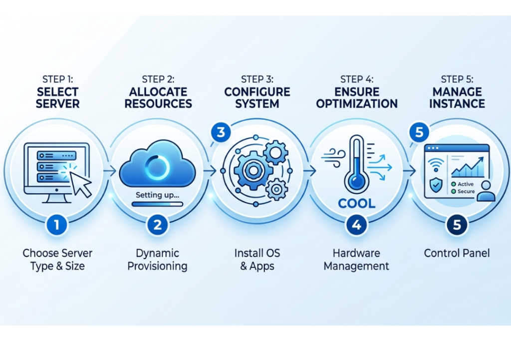 An infographic showing the five steps of setting up IaaS, from selecting resources to managing them via a control panel.