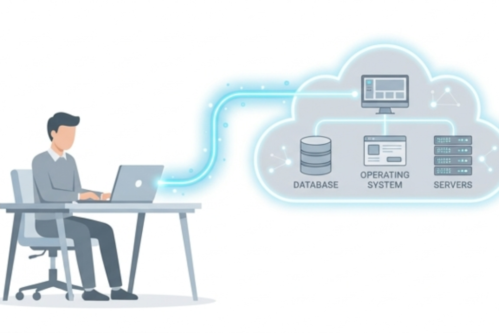 An infographic diagram showing a developer at a laptop connected to a cloud containing pre-configured tools like databases, OS, and servers.