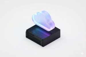 A 3D isometric illustration of a glowing digital cloud floating above a server rack, representing Infrastructure as a Service.