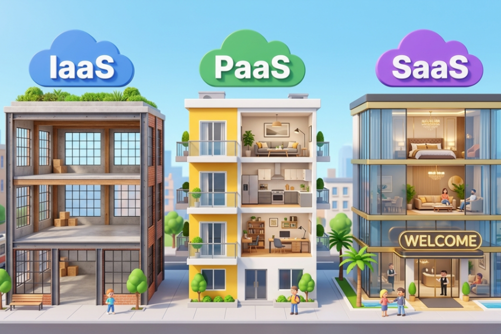 A 3D render comparing an empty loft (IaaS), a furnished apartment (PaaS), and a hotel room (SaaS) to explain cloud service models.