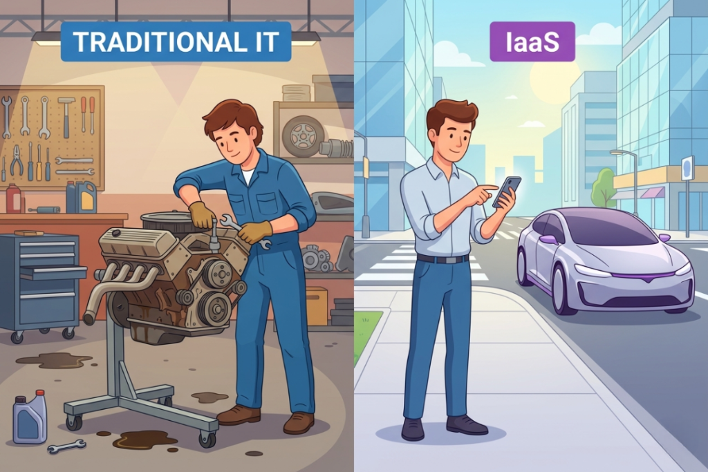 A split-screen illustration comparing a person maintaining a car engine to a person using a ride-sharing app on a smartphone.