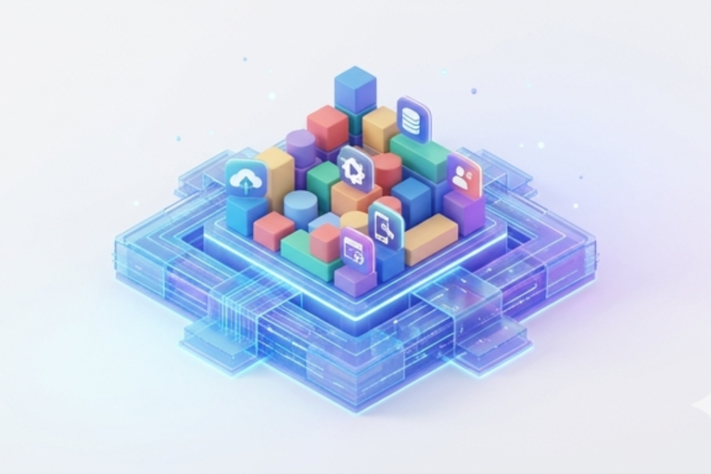 An isometric 3D illustration of a glowing blue digital platform floating in a cloud, with colorful blocks symbolizing apps being built on top.