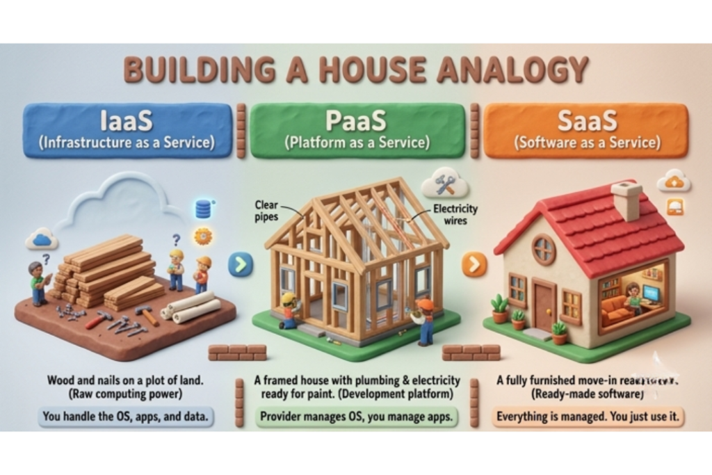 A visual chart comparing IaaS as a raw plot of land, PaaS as a framed house with utilities, and SaaS as a fully furnished home.