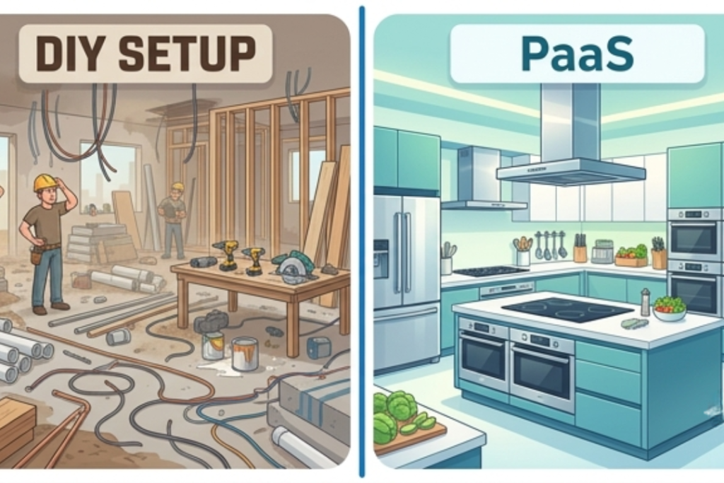 A split illustration comparing a messy construction site (DIY setup) to a fully equipped modern professional kitchen (PaaS).