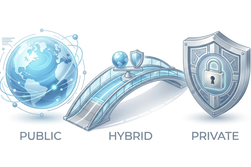 A 3D infographic illustration featuring a globe for public cloud, a silver shield for private cloud, and a bridge representing hybrid cloud storage models.