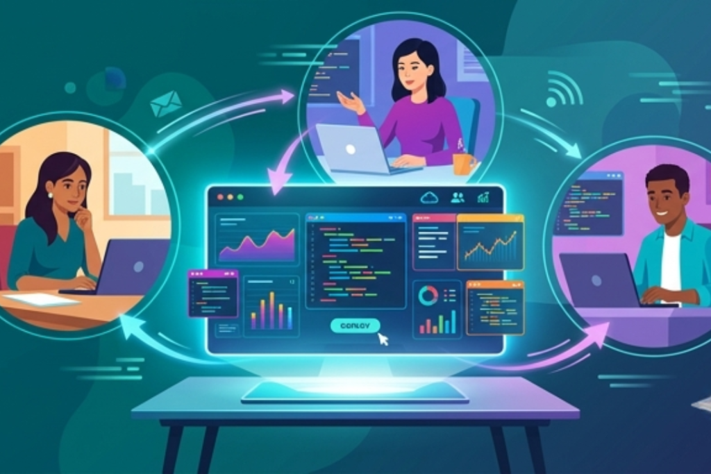 A flat illustration of a diverse team of three developers in separate locations collaborating in real-time on a single cloud application platform.