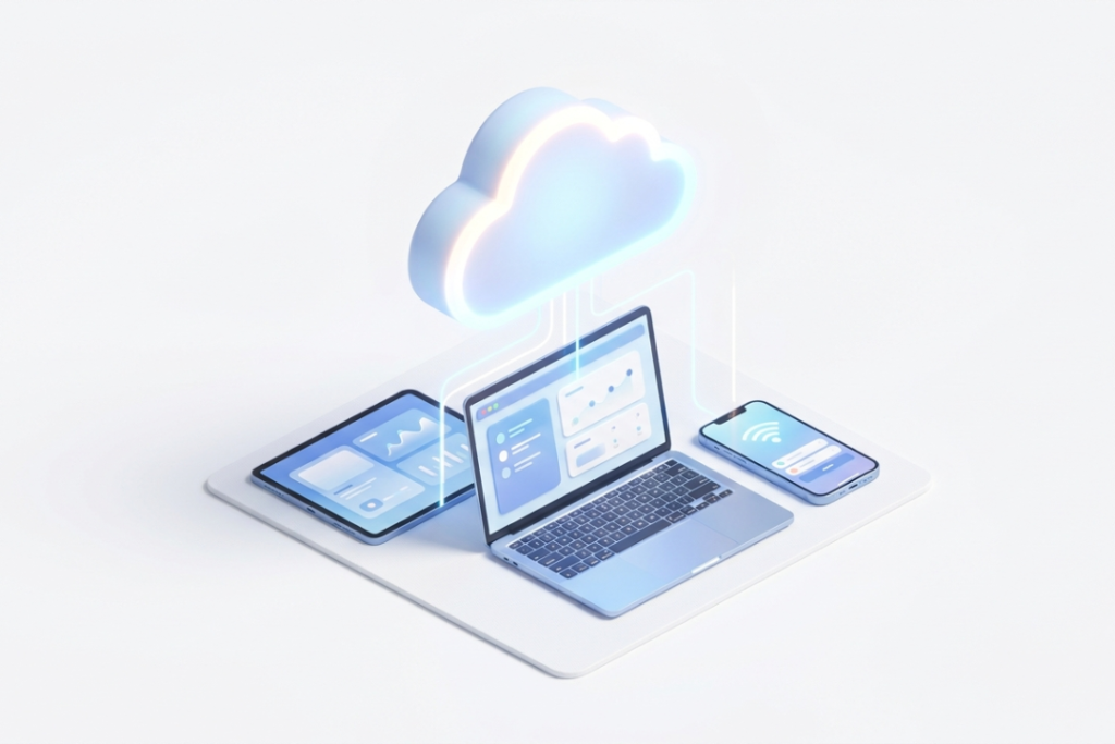 3D isometric illustration of a glowing cloud icon connecting to a laptop, smartphone, and tablet representing SaaS accessibility.