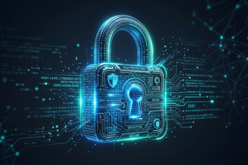 A conceptual digital art piece of a glowing metallic padlock made of binary code with neon teal highlights, representing zero-knowledge encryption