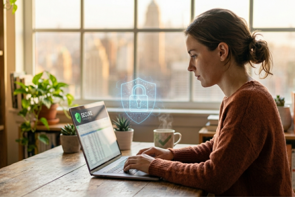 A candid photograph of a woman wearing a warm sweater working on a laptop at a rustic wooden desk in a sunlit home office. A subtle, glowing blue digital padlock and shield icon are visible floating above the laptop. (A warm, lifestyle photography style)