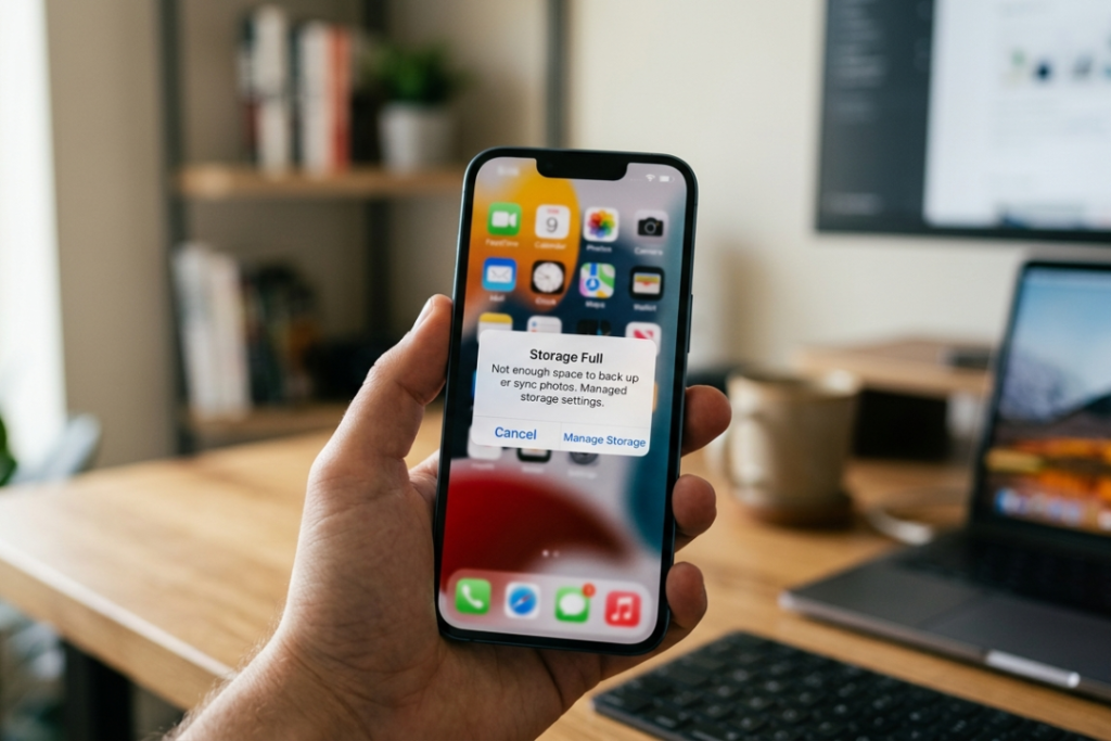 A close-up of a person holding a smartphone showing a Storage Full notification popup in a blurred home office setting.