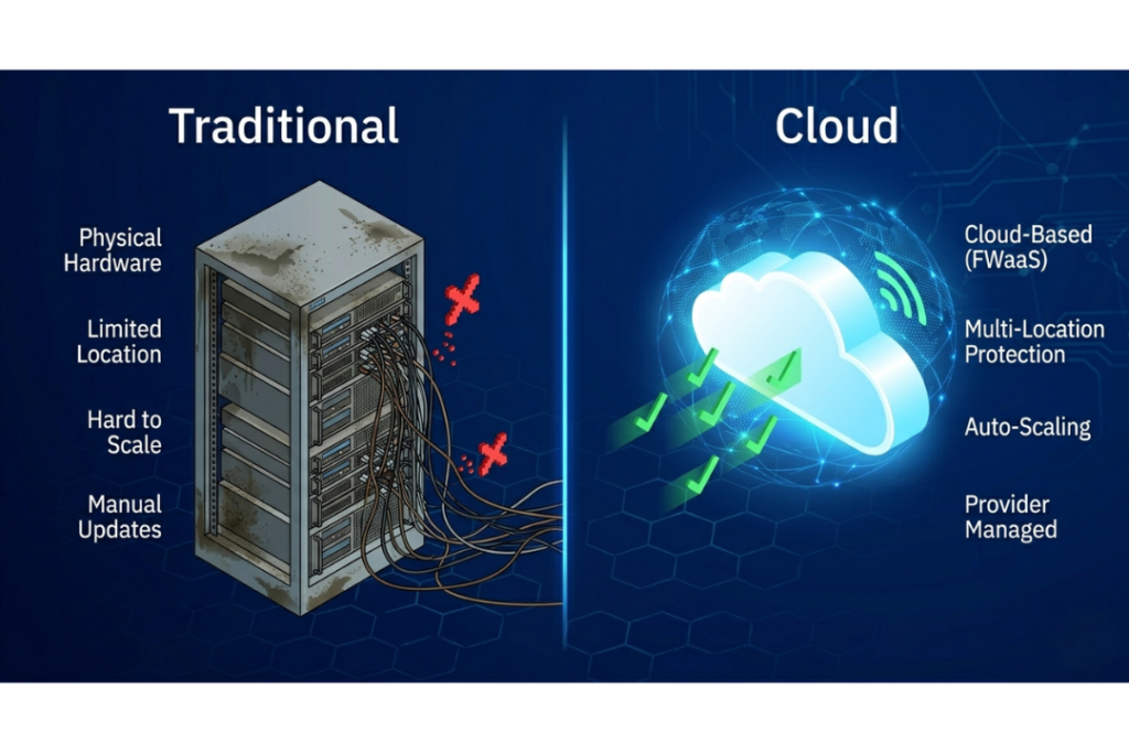 A split-screen graphic comparison. The left side shows a chaotic, dusty server rack with tangled black wires. The right side shows a clean, elegant floating cloud symbol radiating digital network signals and a global connect pattern. (A professional infographic design style)