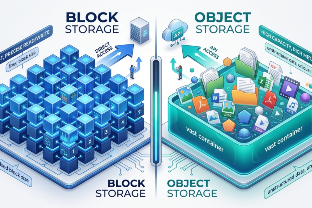 3D isometric illustration comparing organized data blocks and flexible object storage containers.