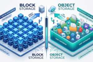 3D isometric illustration comparing organized data blocks and flexible object storage containers.