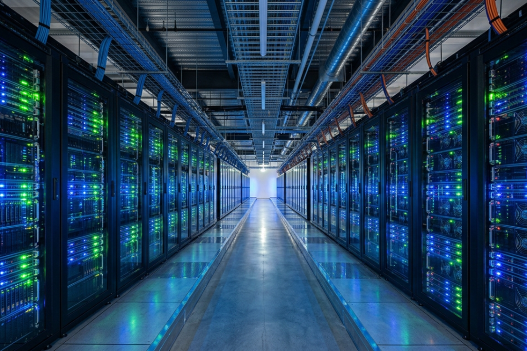 A large-scale data center representing the physical servers where cloud data is stored.