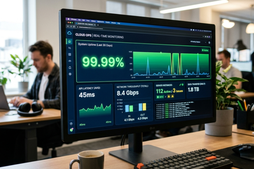 A cloud monitoring dashboard showing uptime percentages and performance metrics.