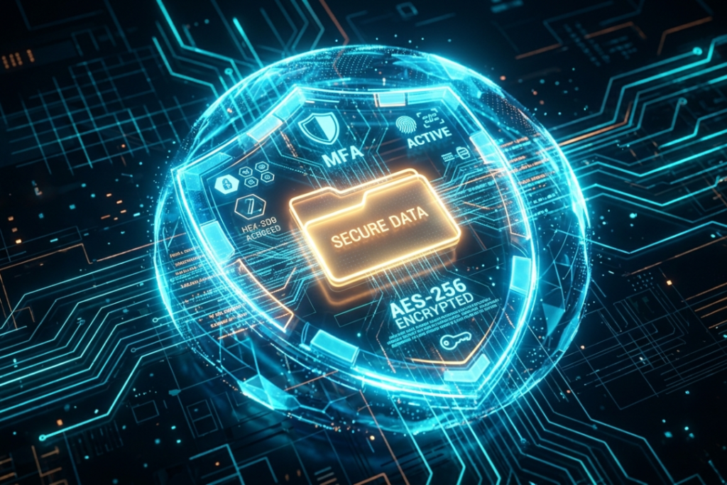 Digital security shield and lock icons representing cloud data protection and encryption.