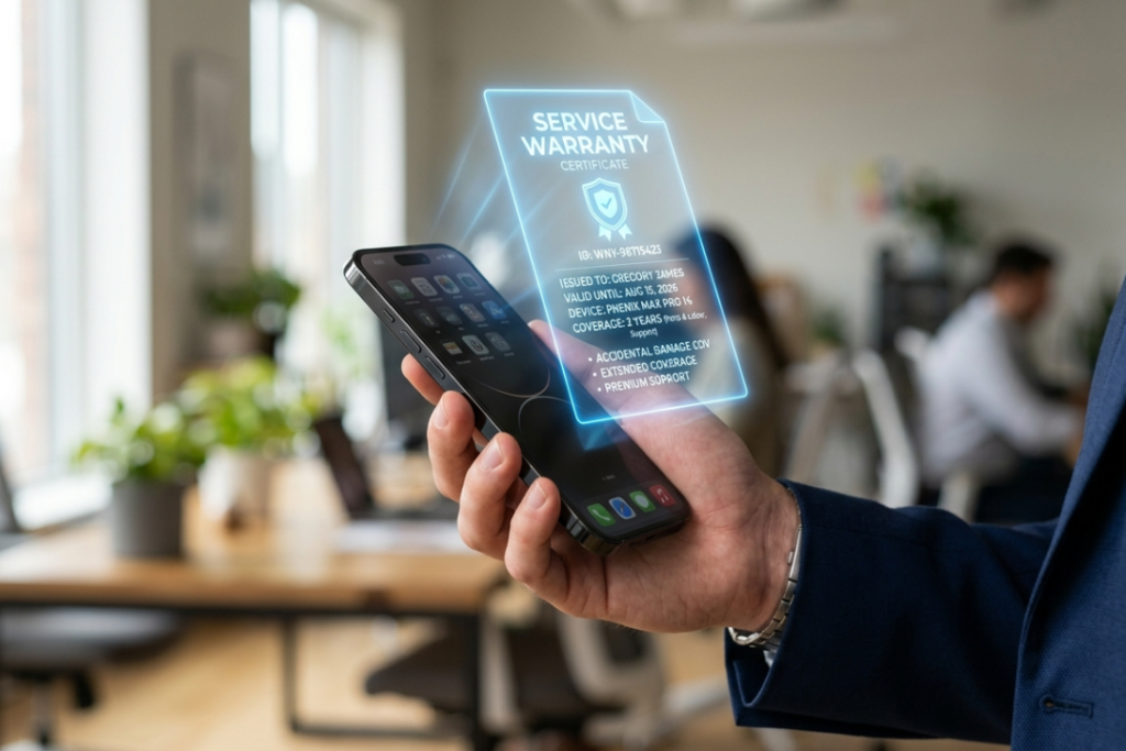 A person holding a smartphone with a holographic warranty, illustrating the concept of a Cloud SLA.