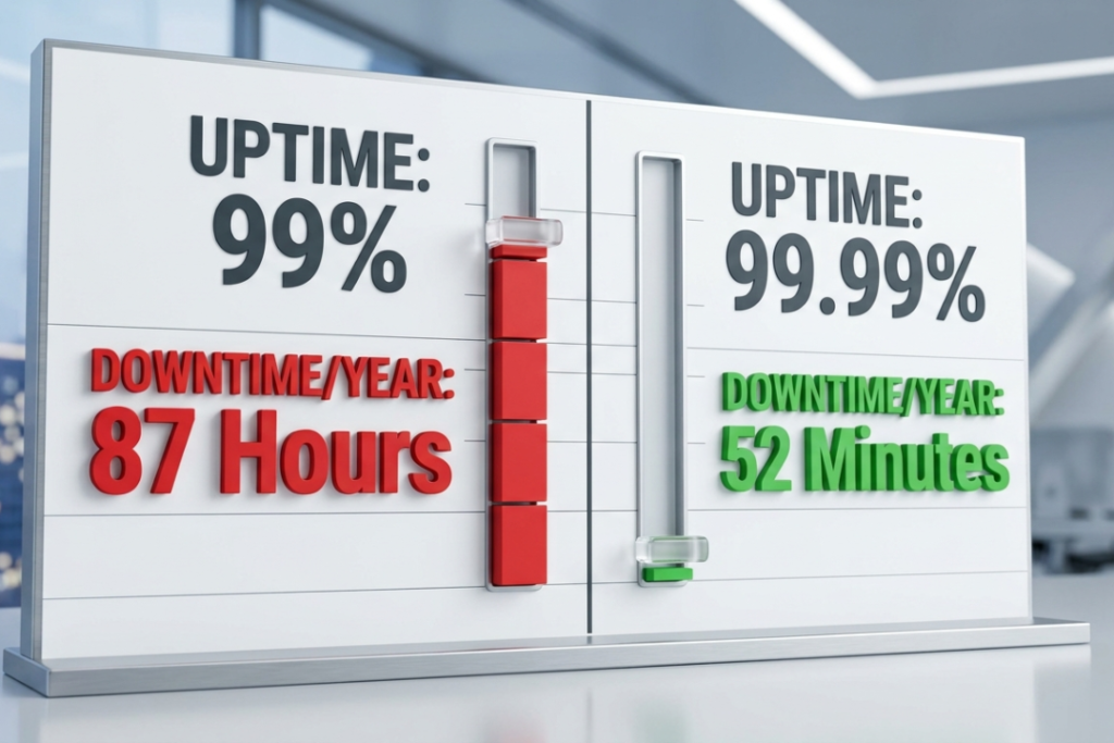 Chart comparing yearly downtime for 99% vs 99.99% cloud uptime guarantees.