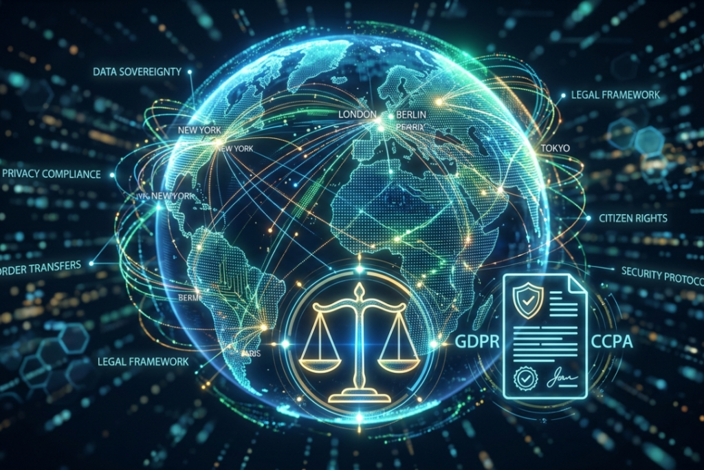 Conceptual illustration of global data privacy laws and data sovereignty across borders.