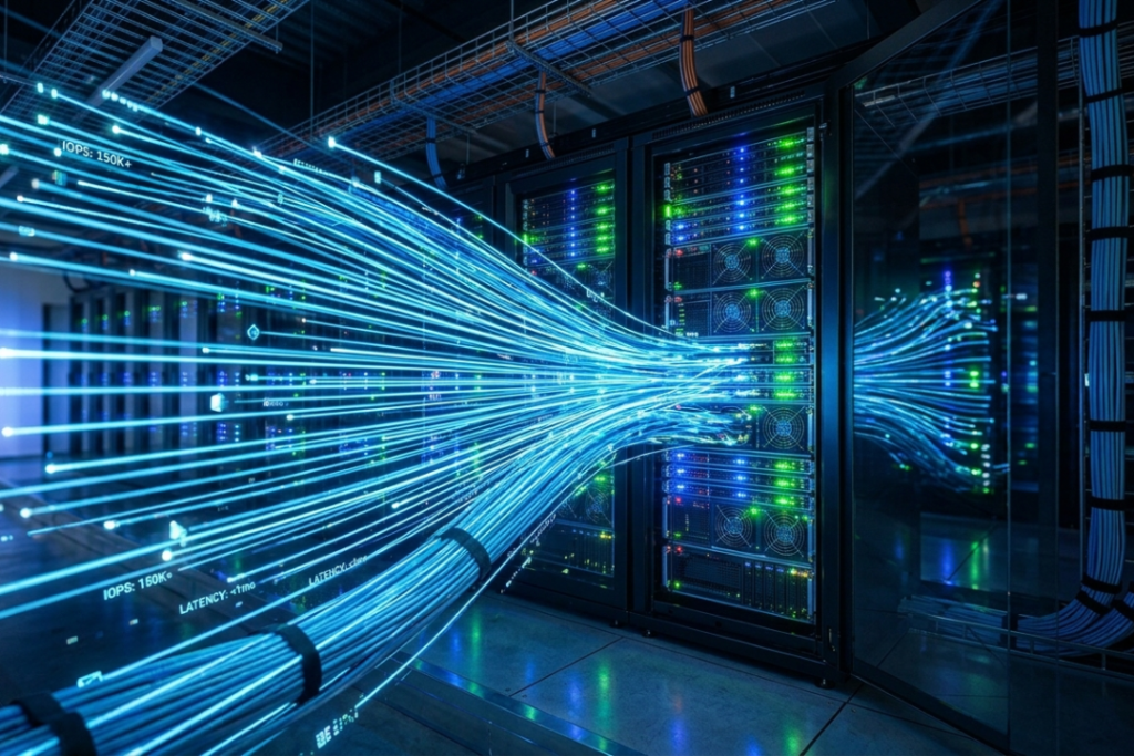 Digital light trails representing fast data transfer and low latency in cloud block storage.