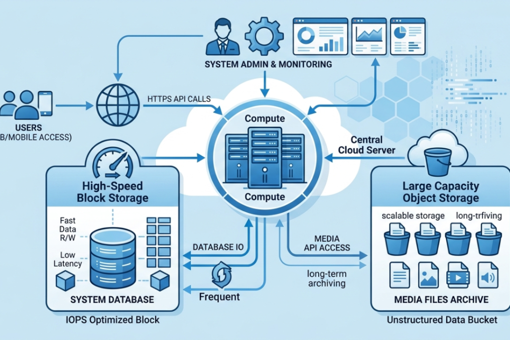 Architecture diagram showing a hybrid cloud setup using both block and object storage for different workloads.