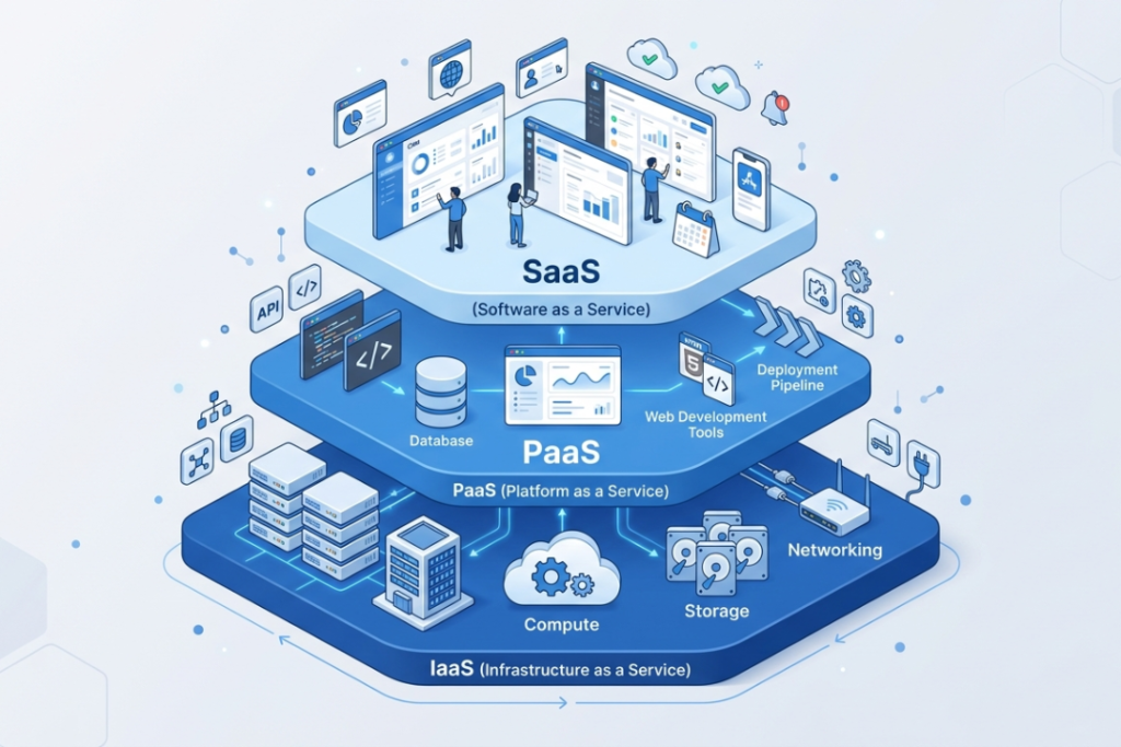 An isometric diagram showing the hierarchy of Infrastructure, Platform, and Software as a Service.