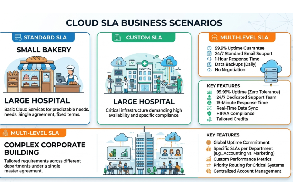 Comparison of Service-Based, Customer-Based, and Multi-Level Cloud Service Level Agreements.
