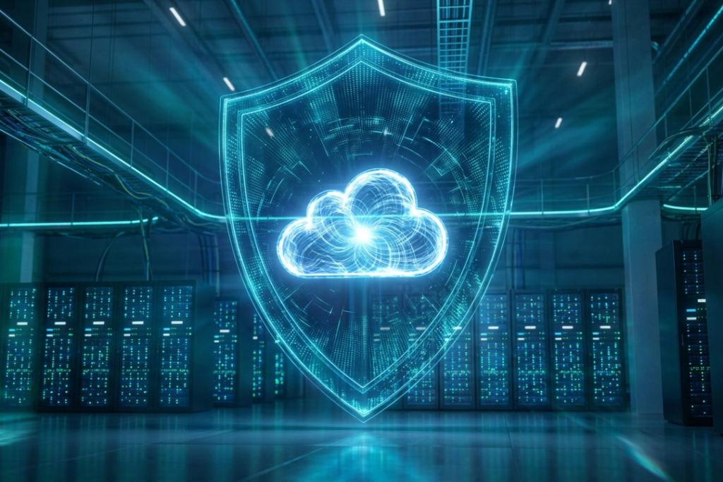 A digital shield protecting a cloud icon, symbolizing a Cloud Service Level Agreement (SLA).