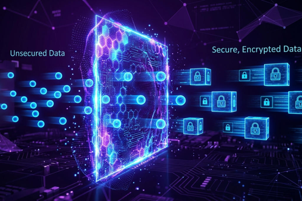 An abstract digital illustration showing data traffic passing through a secure network firewall barrier and becoming encrypted.