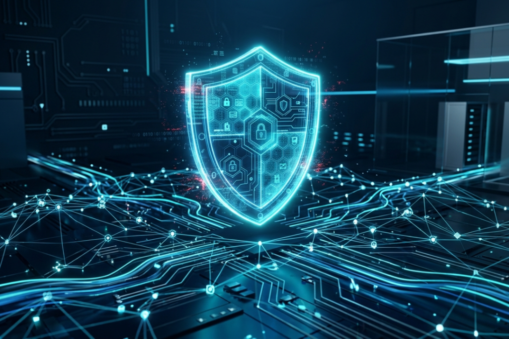 A conceptual 3D render of a glowing digital security shield hovering over an interconnected network of data streams.