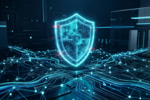 A conceptual 3D render of a glowing digital security shield hovering over an interconnected network of data streams.