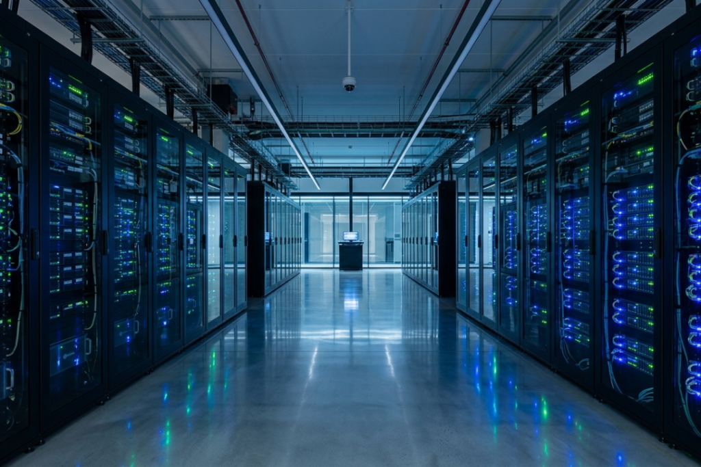 A long hallway inside a secure, modern data center featuring rows of server racks with glowing blue LED indicator lights.