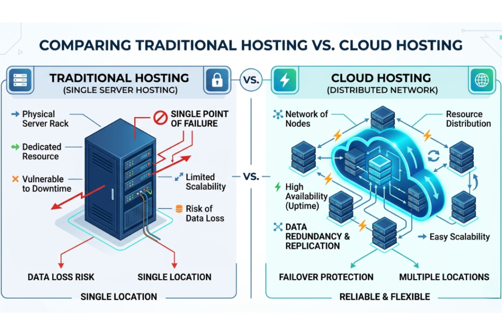 An infographic diagram comparing a single physical server hosting setup to a distributed cloud hosting network with built-in redundancy.